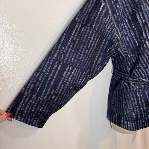 Banana Republic Blazer Jacket 10 Silk Cotton Satin Wrap Belted Blue Striped - Picture 4 of 9